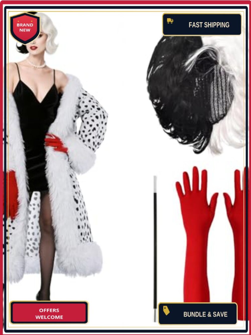 Women's 5-Piece Dalmatian Costume Set Spotted Faux Fur Coat Wig Gloves Pipe